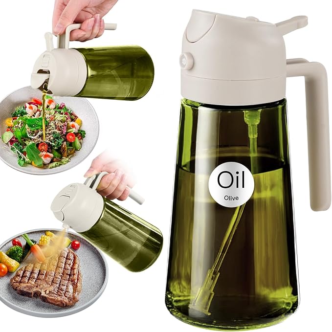 YARRAMATE 16oz/470ml Light-Blocking Dark Oil Sprayer for Cooking, 2 in 1 Olive Oil Dispenser Bottle for Kitchen, Premium Dark Green Glass Oil Bottle, Food-Grade Oil Mister for Air Fryer, BBQ (White)