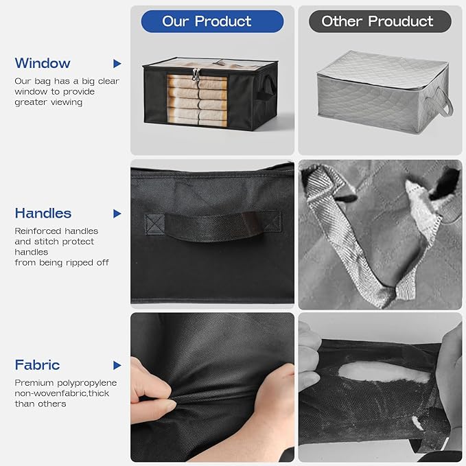 Clothes Storage Bags, Foldable Thick Fabric Blanket Storage Bags, Black, 4PACK