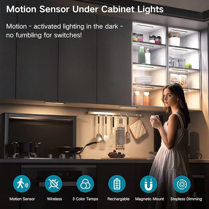 Motion Sensor Under Cabinet Lighting-Magnetic Rechargeable Closet Lights for Kitchen,Stairs,Wardrobe | 3-Color Dimmable LED Under Counter Lighting | Pro Battery Upgrade (4, 8 inch)