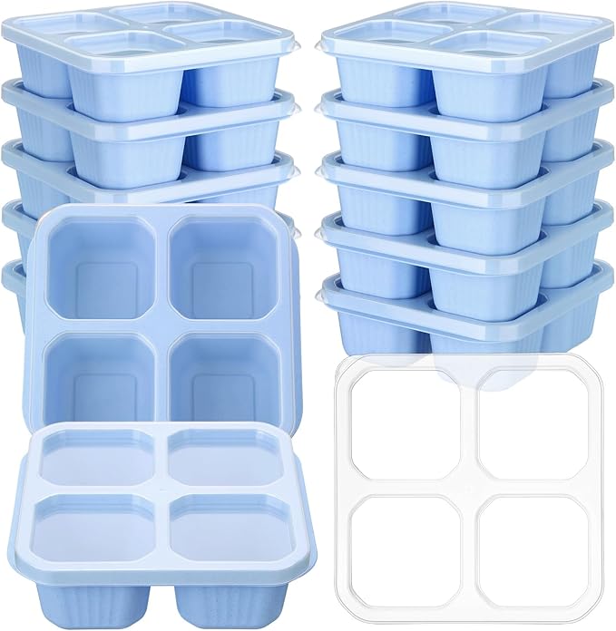 Ziliny 12 Pcs 4 Divided Compartments Snack Containers Bento Wheat Straw Snack Box with Lid Reusable Meal Prep Lunch Box Food Storage Containers for Adults Christmas Travel Work Gifts(Blue)