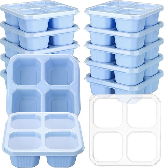 Ziliny 12 Pcs 4 Divided Compartments Snack Containers Bento Wheat Straw Snack Box with Lid Reusable Meal Prep Lunch Box Food Storage Containers for Adults Christmas Travel Work Gifts(Blue)