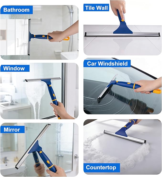ITTAR 12 inch Rotatable Shower Squeegee for Glass Doors, Multi-Purpose Window Squeegee with Hook & Refill Rubber Blade