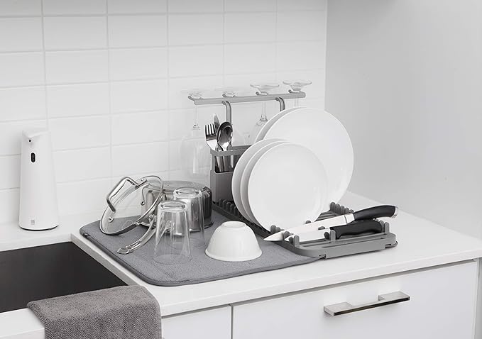 Umbra Udry Dish Rack and Microfiber Drying Mat – Space-Saving Design Folds Up for Easy Storage, Rack with Caddy, Gray