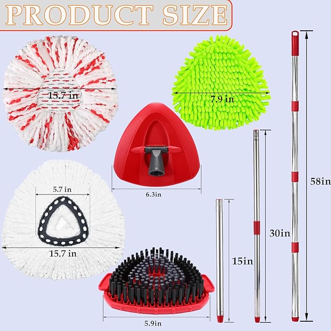 Mop Heads Replacement Handle Set for Ocedar Spin Mops EasyWring 1-Tank System, Includes 2 Microfiber Refills, 1 Chenille Head, 4-Section Iron 30-58" Mop Handle, 1 Scrub Brush, 1 Spin Base for O-Cedar
