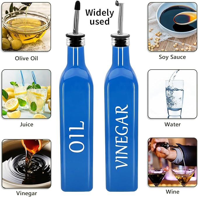 Olive Oil Dispenser Bottle,2 Pcs 17oz 500ml Glass O il and Vinegar Dispenser Set with 2 Stainless Steel Pourers, 8 Labels,Funnel Vinegar Bottles for Kitchen (Blue)