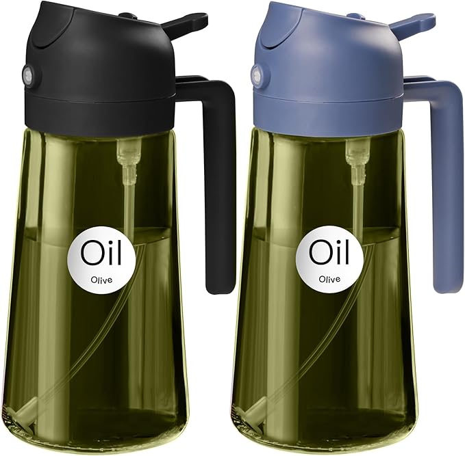 YARRAMATE 2Pcs 16oz/470ml Dark Green Oil Sprayer for Cooking with Stickers, Food-grade Premium 2 in 1 Olive Oil Dispenser Bottle for Kitchen Gadgets, Air Fryer, Salad, Frying, BBQ (Black&Navy)
