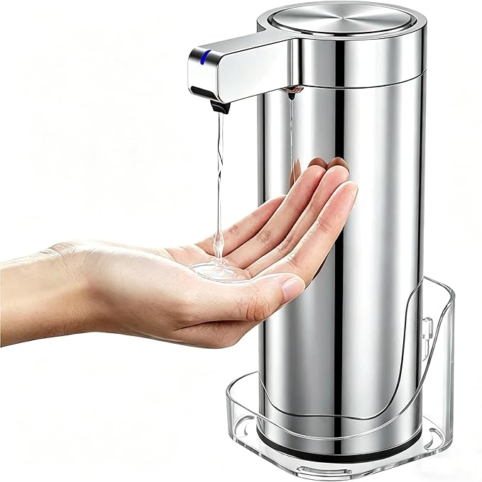 Touchless Automatic Soap Dispenser Wall Mount Stainless Steel with Sensor Infrared 9 oz Electric IPX5 Waterproof USB-C Charging Motion Sensor for Kitchen & Bathroom (Chrome Silvery)