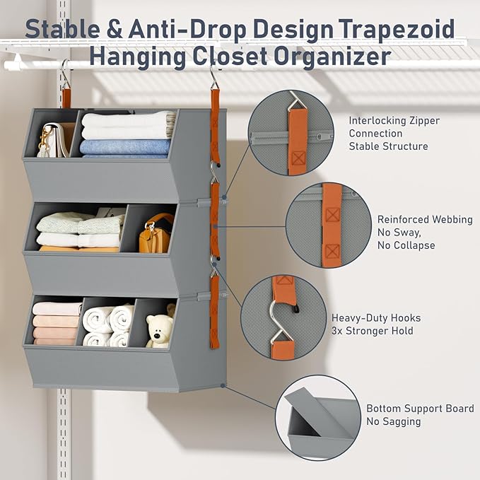 Hanging Closet Organizer Extra Large, Clothes Hanging Shelves for Closet with Divider, Collapsible Closet Storage System, Fabric Storage Bins for Home