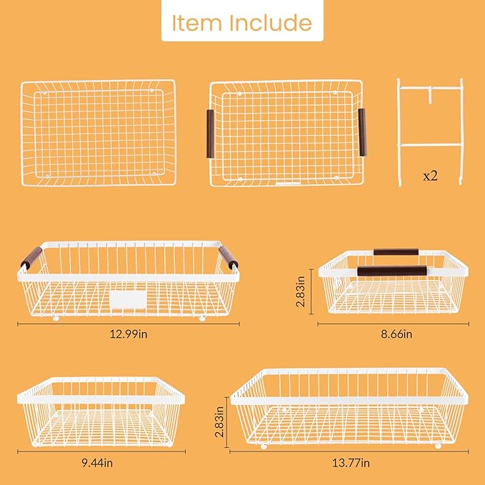 2-Tier Stackable Wire Basket with 2 Banana Hooks, Pantry Organizer for Kitchen Countertops, Cabinets & Under-Sink Spaces; Ideal for Storing Snacks, Fruits, Veggies, Onions, Potatoes, & More，White