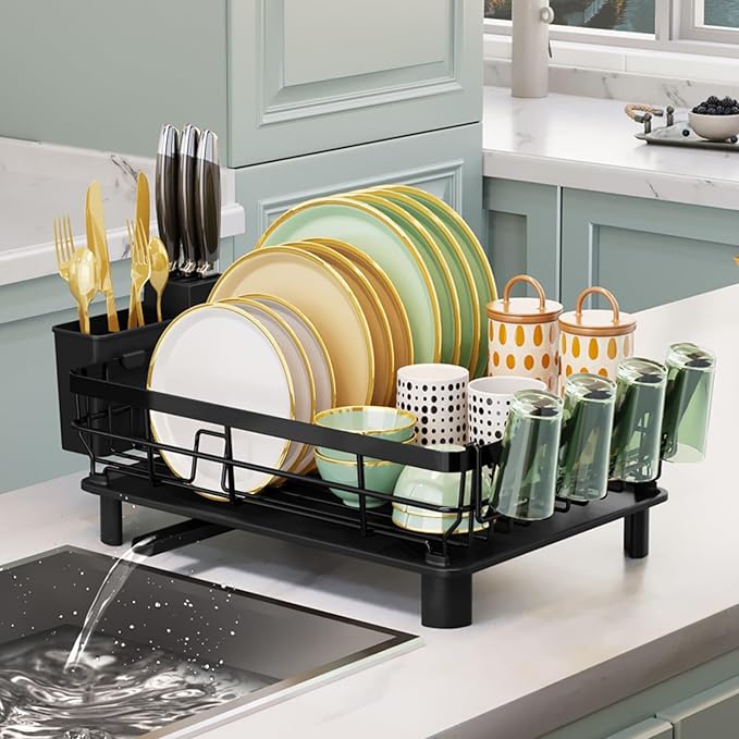 Lyellfe Dish Drying Rack, Rust-Proof Dish Drainer with Drainboard Utensil Cup Holder, Black Iron Dish Rack and Drainboard Set for Kitchen Counter, Over The Sink