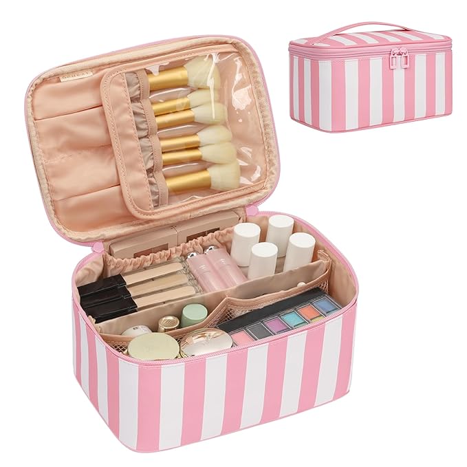 OCHEAL Makeup Bag,Travel Makeup Organizer Bag, Large Capacity Cosmetic Bags For Women Large Travel Toiletry Bag Girls Traveling With Brush Slot And Divider-Stripes Pink