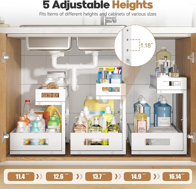 1 Pack 17IN Depth Under Sink Storage Organizer, Large 2-Tier Elegant Mesh Pull Out Shelf for Kitchen and Bathroom Cabinet Organization, L-Shaped and Adjustable Height Design-White