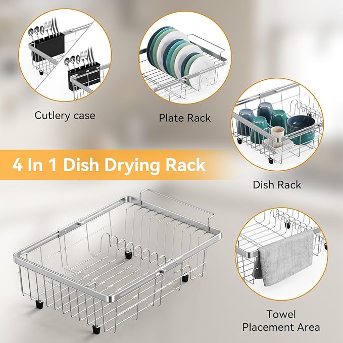 Orgneas Real Capacity Expandable Dish Drying Rack in Sink, Stainless Steel Over the Sink Dish Drainer with Utensil Holder for Kitchen Counter, Fit for Interior Width 10.5''~17'' Sinks
