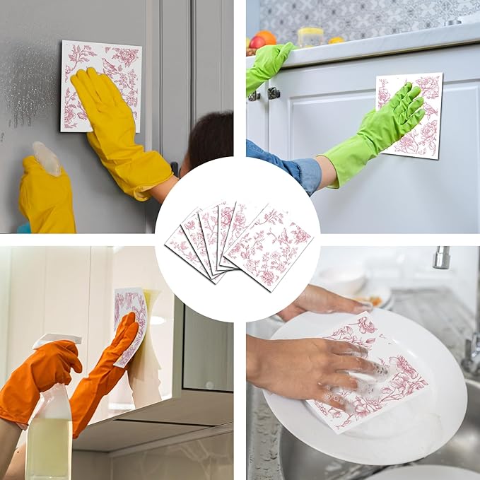 Pink Floral Swedish Dishcloths for Kitchen, 6 Pack Reusable Vintage Chinoiserie Dish Cloth, Absorbent Sponge Cleaning Cloths Towels for Home Cleaning Quick Drying Washable No Odor Hand Towel