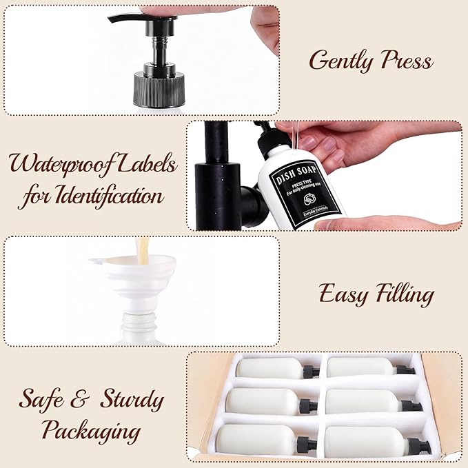 TBWIND 12 Pack 16oz White Glass Soap Dispenser Bottles with Pumps, Refillable Glass Bottles for Shampoo Conditioner Lotion, Ideal for Bathroom, Kitchen, Waterproof Labels & Funnels Included