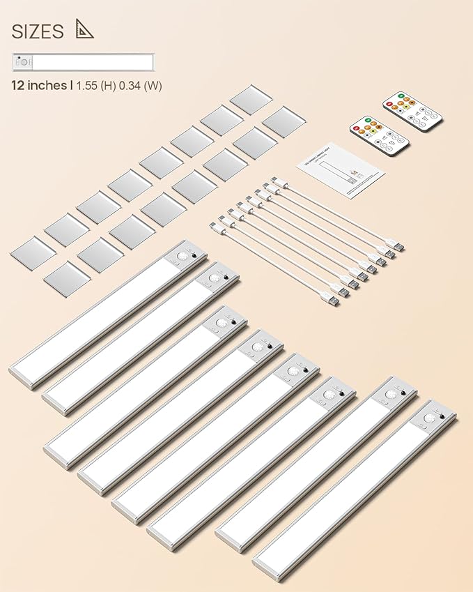 12inch Under Cabinet Lighting with Remote, 2500mAh Rechargeable Motion Sensor Light Indoor, LED Closet Lights with Timer, Dimmable, Magnetic, 3 Color Temps Wireless for Kitchen, Pantry, Stair, 8 Pack