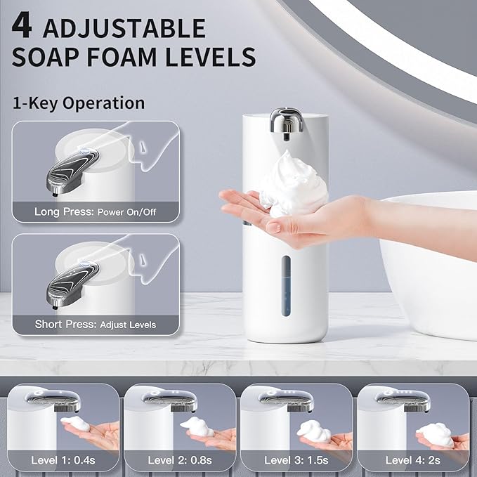 CHICLEW Automatic Foam Soap Dispenser 400ML, Rechargeable Liquid Hand Soap Dispensers Touchless with 4 Adjustable Levels, Motion Sensor Waterproof Wall Mount Foaming Soap Dispenser for Bathroom