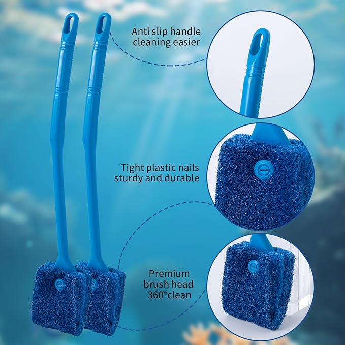 SLSON Aquarium Algae Scraper Double Sided Sponge Brush Cleaner Long Handle Fish Tank Scrubber for Glass Aquariums and Home Kitchen,15.4 inches (1)