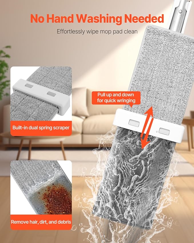 VEVOR Flat Mop, Self Wringing, Microfiber Floor Cleaner with 4 Reusable & Washable Pads for Dry & Wet Floor Cleaning, Microfiber Flat Mop with Stainless Steel Handle for Hardwood Laminate Tile Vinyl