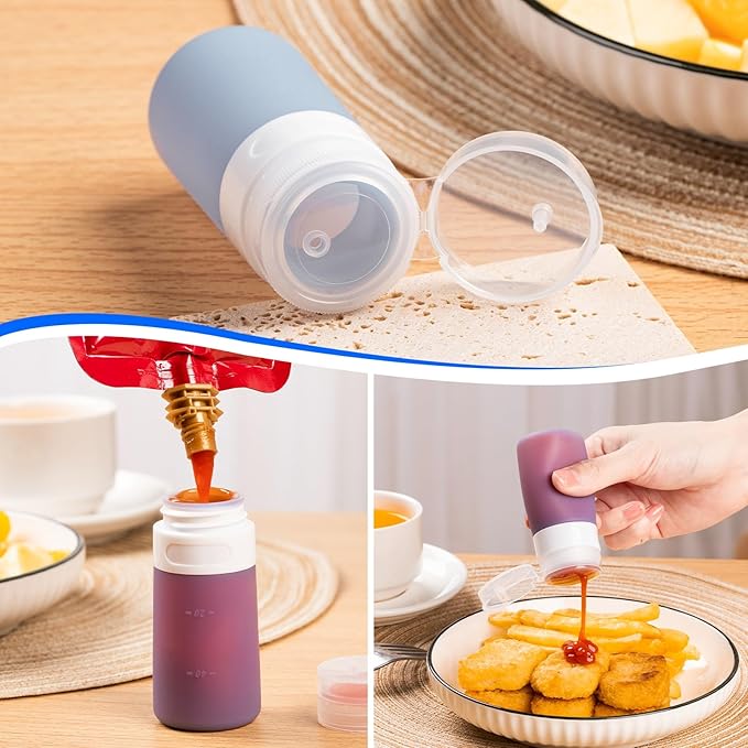 MICEBAY 8-Pack Salad Dressing Container To Go, 2-oz Silicone Small Condiment Squeeze Bottles and 1.6 oz Stainless Steel Sauce Containers Cups