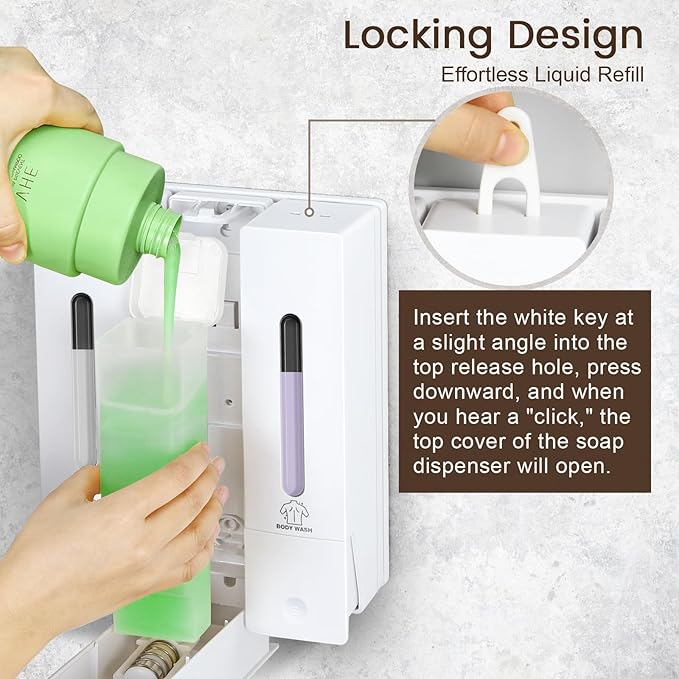 3 Chamber Shampoo and Conditioner Dispenser, No Drill - Wall Mounted Shower Soap Dispenser, Refillable Body Wash Dispenser Set 3, 1200ML Capacity, for Bathroom & Hotel, White