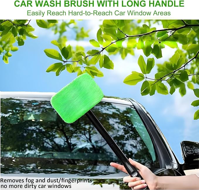 desin Car Windshield Cleaning Tool, Windshield Cleaner with 5 Washable and Reusable Microfiber Pads and Extendable Handle, for Auto Glass Wiper (Green)