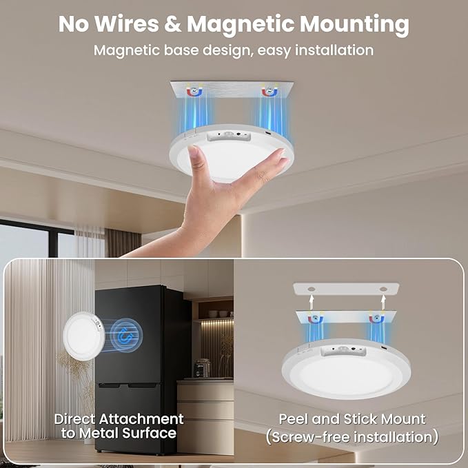 Rechargeable Motion Sensor Ceiling Light Indoor Outdoor w/Remote, 7.08 Inch Battery Operated Flush Mount Ceiling Light 3000K 4000K 6000K 400LM Dimmable for Closet Hallway Laundry Stairs (2)