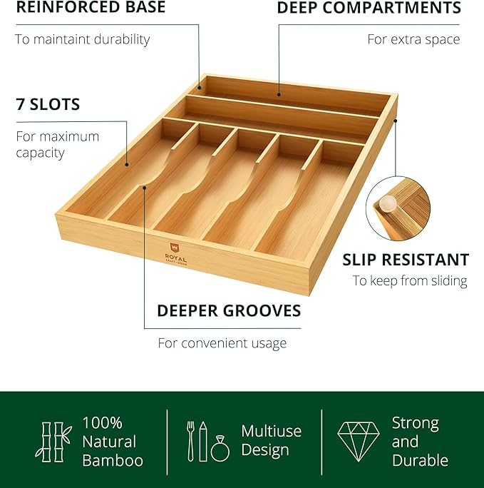 ROYAL CRAFT WOOD Luxury Bamboo Utensil Rack and Silverware Organizer, Kitchen Drawer Organizer - Utensil Holder and Cutlery Tray with Grooved Drawer Dividers for Flatware 7 Slot, Natural
