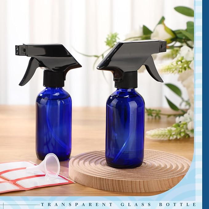 Fumete 2 Pack Glass Bottles 4oz Empty Refillable Liquid Containers with 1 Label 1 Funnel for Essential Oils Hair Travel Plants Cleaning Skin Care (Spray Bottle, Blue, Black Top)