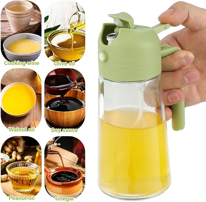 3PCS 2 in 1 Oil Dispenser and Sprayer,16oz/470ml Glass Olive Dispenser Bottle & Oil Spray Bottle,Oil Sprayer for Cooking,Kitchen,Salad,Barbecue,Air Fryer (Green)
