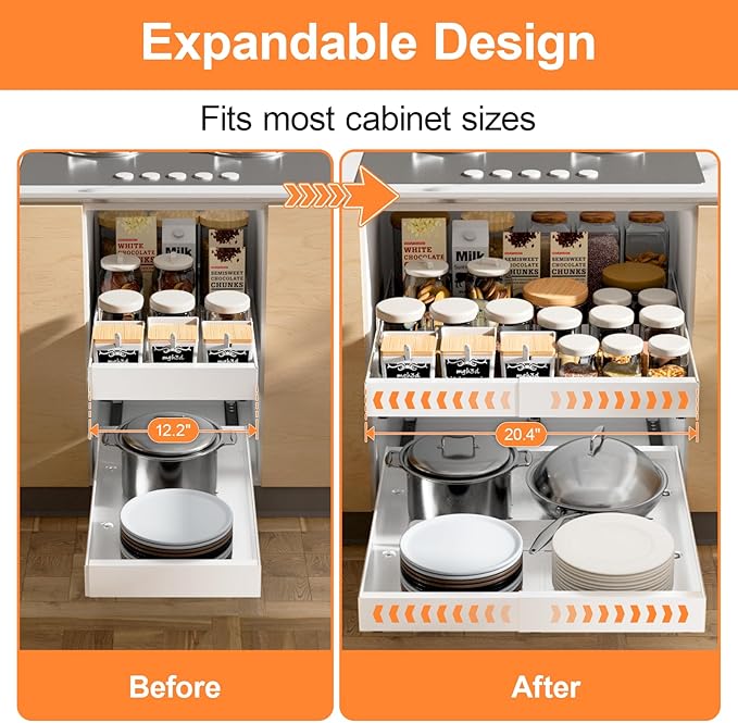 2 Pack Pull out Cabinet Organizer Expandable Width(12"-20") and 21"Depth, No Drill Adjustable Slide Out Drawers for Kitchen