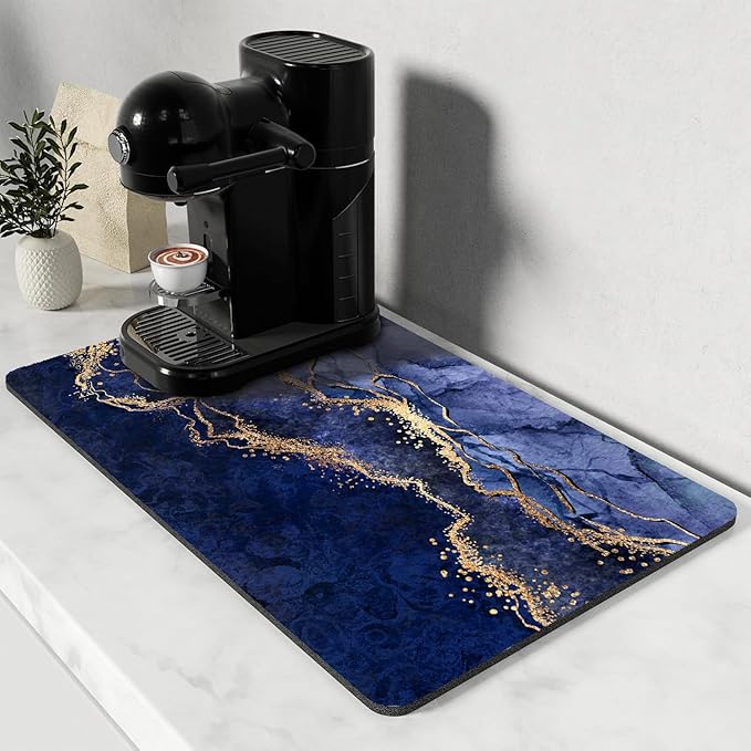 Dish Drying Mat for Kitchen Counter, Blue Marble and Golden Veins Washable Absorbent Quick Dry Pad with Rubber Backing, Draining Mat for Dishes Coffee Table, 12" x 20"