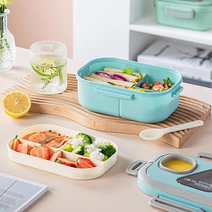 Adults Bento Lunch Box,Salad Container Large 43oz Salad Bowl, Bento-Style Tray for Toppings, 3oz Sauce Container for Dressings