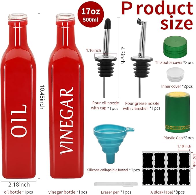 Olive Oil Dispenser Bottle,2 Pcs 17oz 500ml Glass O il and Vinegar Dispenser Set with 2 Stainless Steel Pourers, 8 Labels,Funnel Vinegar Bottles for Kitchen (Red)