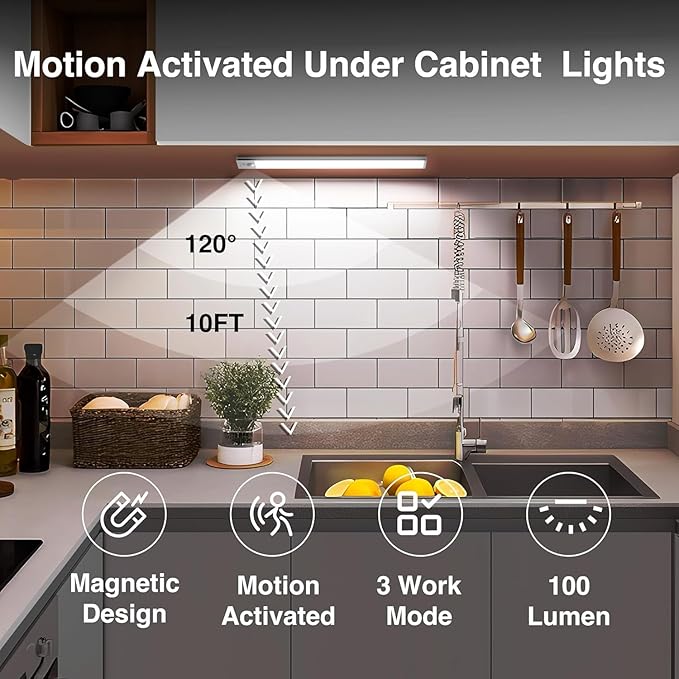 Under Cabinet Lighting Wireless, 2 Pack Under Cabinet Lights, Rechargeable Motion Sensor Light Indoor, 3 Color Temps, 5 Levels Dimmable Magnetic Closet Lights, Under Counter Lights for Kitchen, Stairs