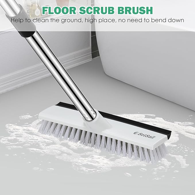 SetSail Floor Scrub Brush with 51-Inch Long Adjustable Handle 2 in 1 Scrape Brush Stiff Bristle Floor Scrubber for Cleaning Shower Bathroom Garage Kitchen Wall Deck Tub Tile, Grey Black