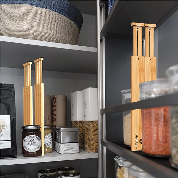ANTOWIN Bamboo Drawer Dividers, Expandable Drawer Separators Splitter, 17-22 inches Adjustable Spring-loaded Organizer for Large Utensil, Clothes, Tools Drawers, 6 Pack Dividers + 4 Pack Baffle
