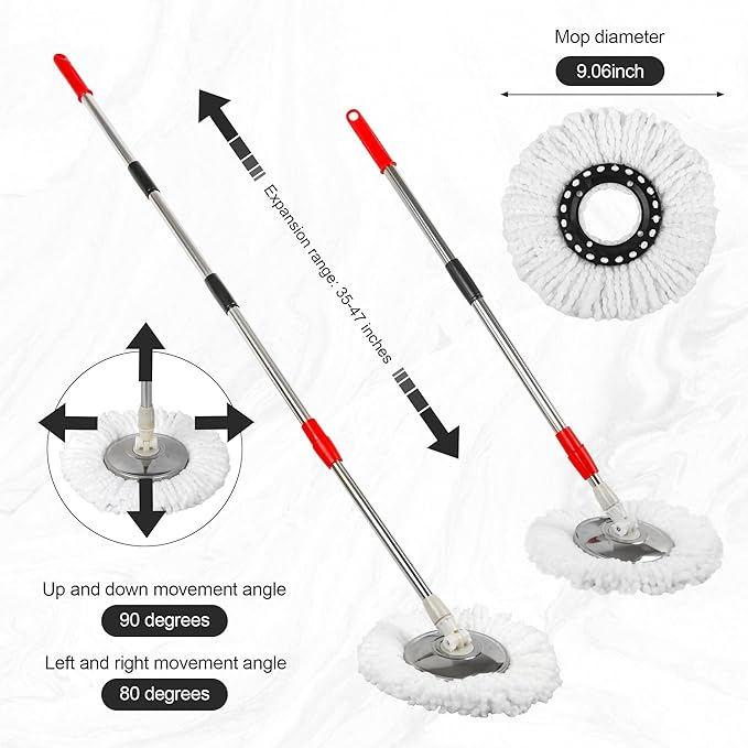 Spin Mop and Bucket System, 360° Rotating Head, Adjustable Handle, 20QT Bucket with Auto-Clean, 3 Microfiber Heads