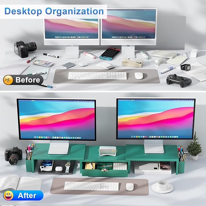 Dual Monitor Stand Riser, Desk Organizer With Drawer and 2 Pen Holders, Green