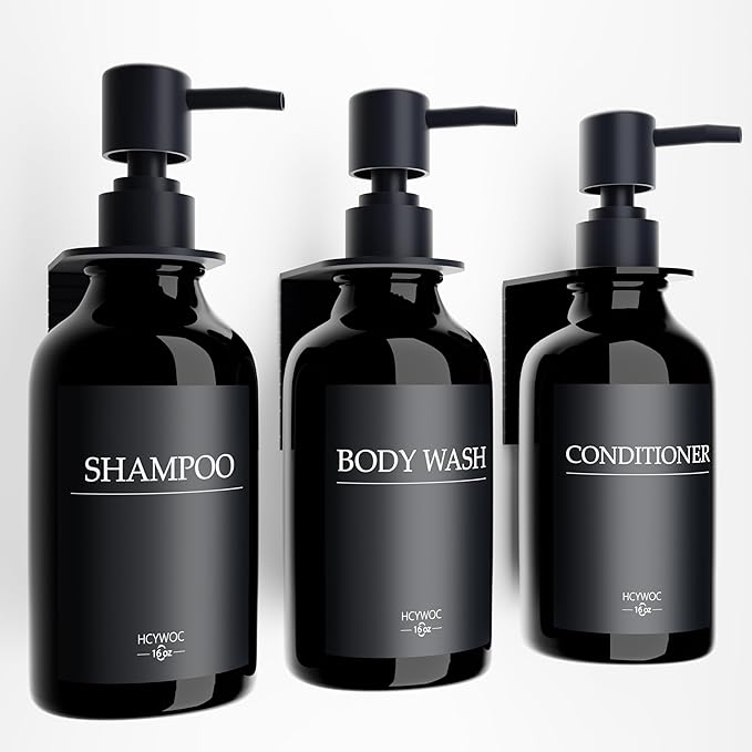 Shampoo Dispenser for Shower Wall, Shampoo and Conditioner Dispenser with 16 Waterproof Labels, No Drill Shower Soap Dispenser Bathroom, Shower Soap Dispenser Wall Mounted,17oz, 3 Pack, Black