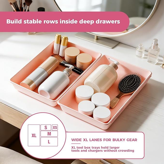 Pink Drawer Organizer Trays with Non-Slip Pads, 6 PCS Extra-Large