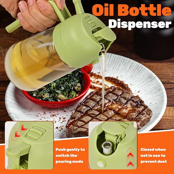 CJT 2 Pack Oil Dispenser Bottle for Kitchen, 2 in 1 Olive Oil Sprayer,16.5OZ/470ML Glass Oil Spray Bottle with Premium Nozzle for Cooking,Barbecue, Air Fryer, Salad(GREEN/WHITE)