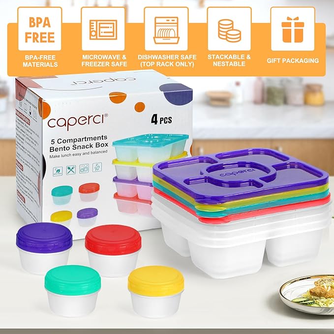 Caperci Original Bento Snack Box Containers for Kids & Adults - Lunchable Food Containers 5 Compartments with 4 Leakproof Small Containers, BPA-Free