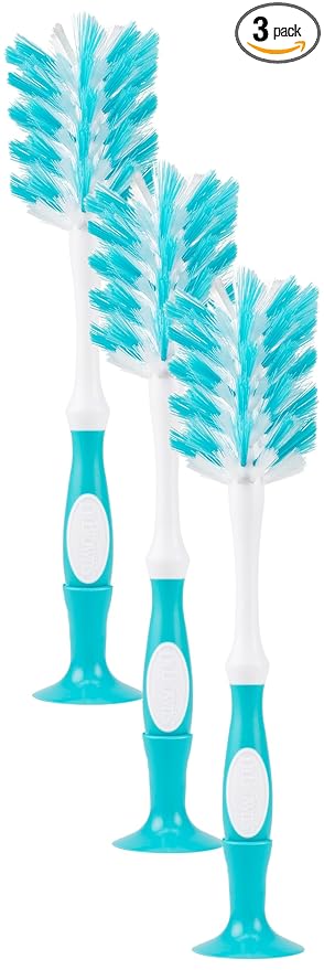 Dr. Brown's Deluxe Bottle Brush for Cleaning Baby Bottles, Nipples, and Sippy Cups with Suction Cup Stand and Vent Brush, BPA-Free, Blue, 3-Pack