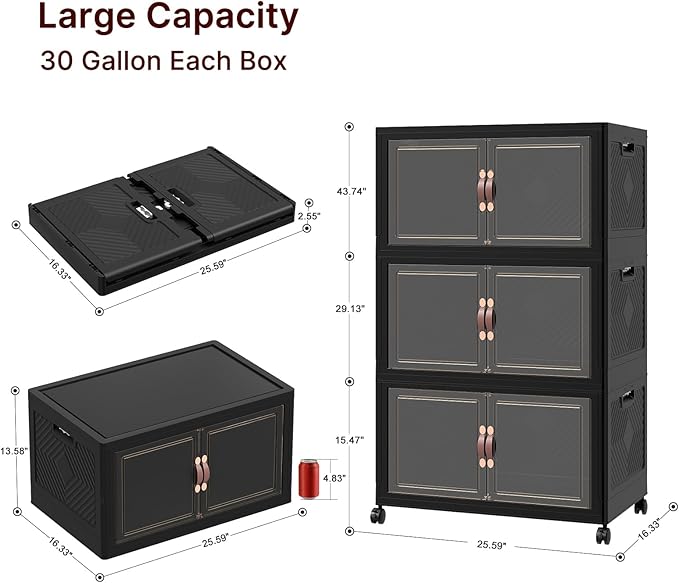 Stackable Storage Bins with Lids, 720QT Closet Organizers, 6, Black, Large