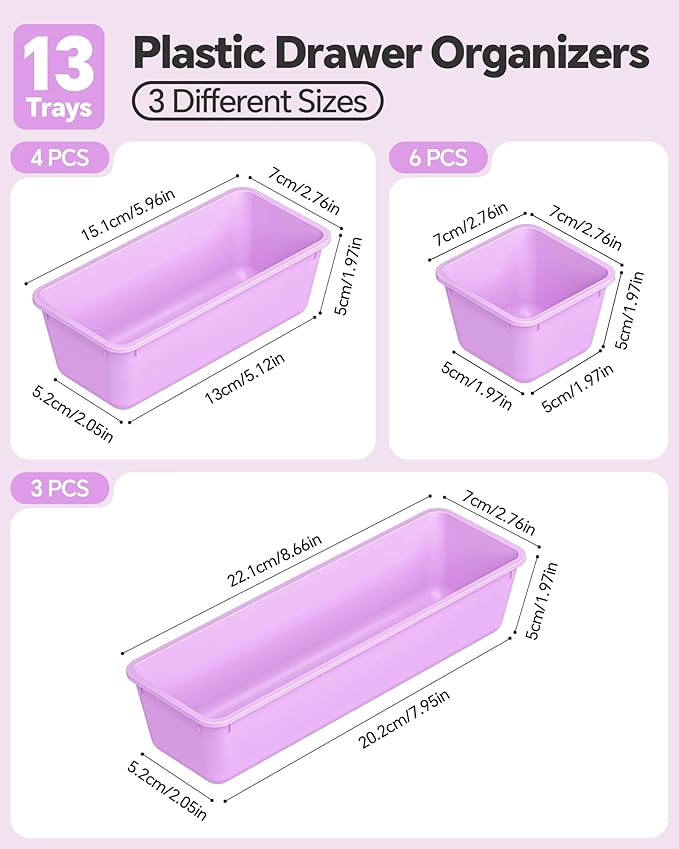 13 Pack Plastic Drawer Organizers Set, Purple