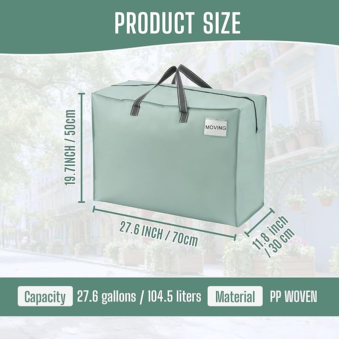 VENO 4 Pack Heavy Duty Moving Bags, Storage Bags, Packing Supplies, Top Zipper, Storage Totes for Camping, Clothes, Bedding, Comforters, Pillows (27 Gallon Light Green, 4 Pack)