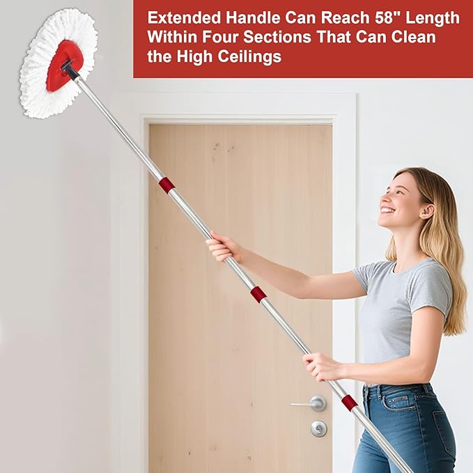 4 Section Stainless Spin Mop Replacement Handle for O Cedar Spin Mop Handle for Ocedar Spin Mop Handles Adjustable 30" to 58" Mop Stick Pole to Various Floor Clean, Universal Screw Joint (No Mop Head)
