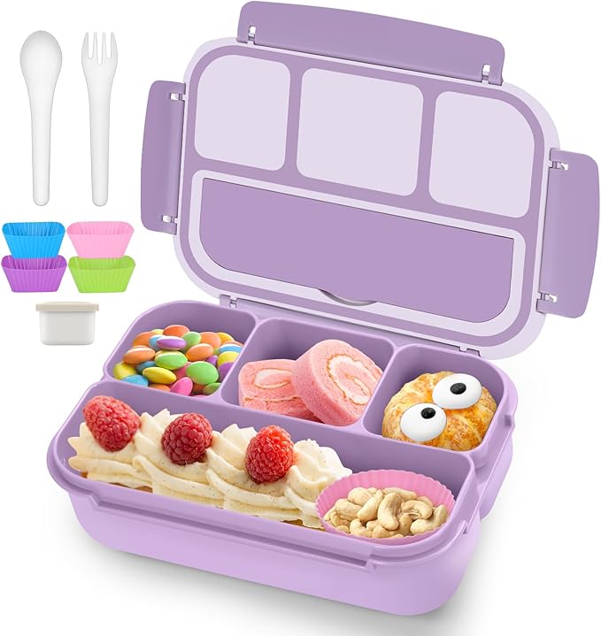 QQKO Bento Box Adult Lunch Box, Lunch Containers for Adults Men Women, Kids Lunch Boxes for School with 4 Compartments, Sauce Container