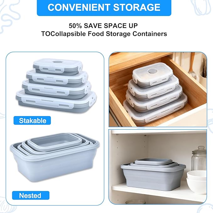 Collapsible Silicone Food Storage Containers 4 Set Airtight Leak Proof Food Containers with Lids Meal Prep for Microwave Freezer Dishwasher for Kitchen Camping Office Sky Blue